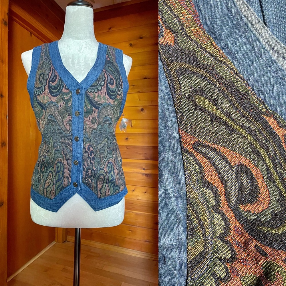 Vintage 90s Tie Back Denim Tapestry Vest Sz Small
